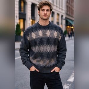 Vtg Florence Tricot gray pull over sweater size XL wool blend Argyle Italy